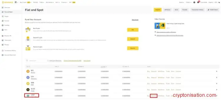 Выбор USDT для пополнения депозита