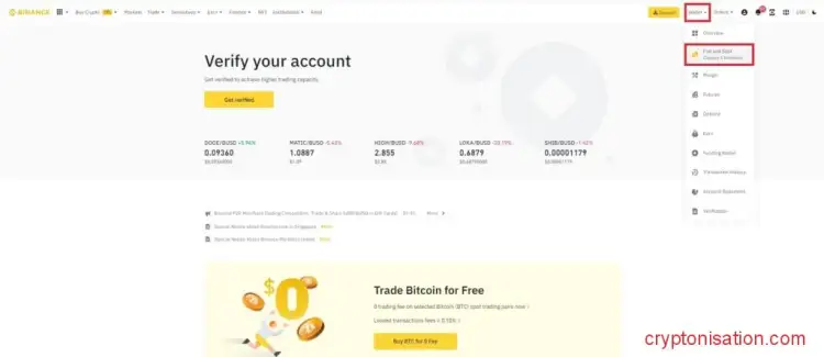 Меню Fiat & Spot на главной странице Binance