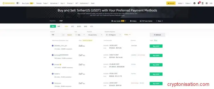 Интерфейс сервиса Binance P2P