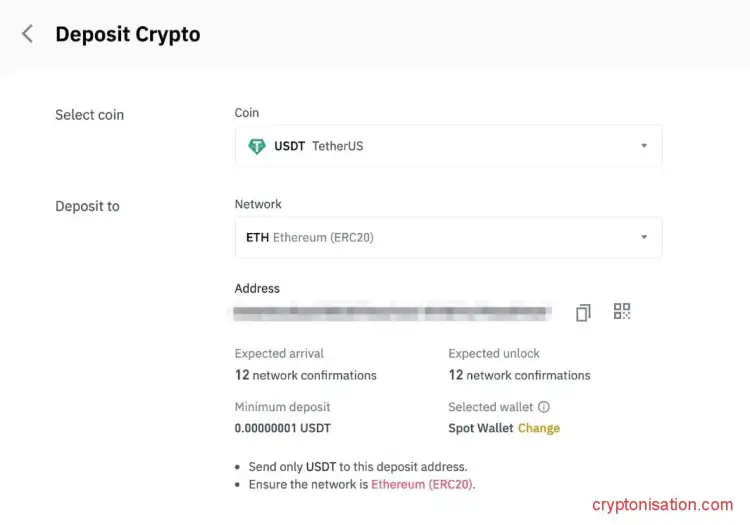 Заявка на пополнение кошелька в USDT ERC20