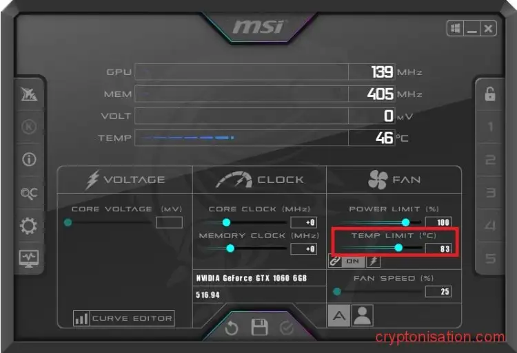 Температурный лимит в MSI Afterburner