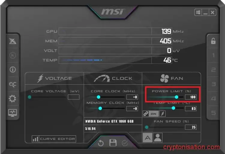 Лимит мощности в MSI Afterburner