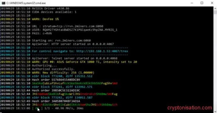 Интерфейс командной строки во время добычи RVN