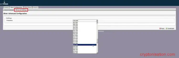 Раздел Advanced Settings в интерфейсе Antminer