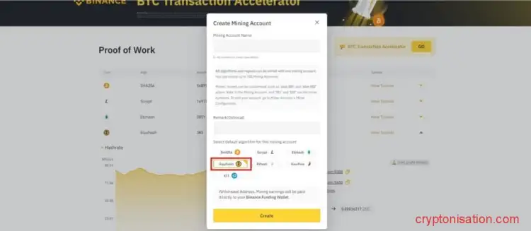 Окно создания аккаунта в Binance Pool