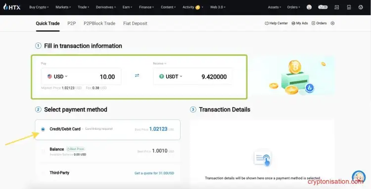 Solicitud para comprar USDT desde una tarjeta