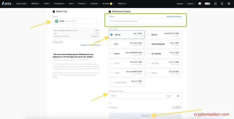 Solicitud para retirar USDT desde el exchange