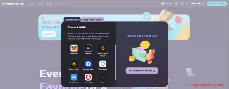Меню подключения криптокошелька к бирже (Connect Wallet)