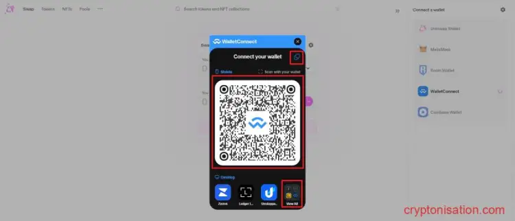 Interfaz de la ventana Wallet Connect