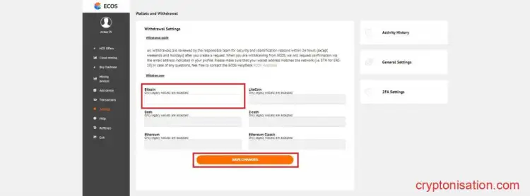 Introduciendo la dirección BTC
