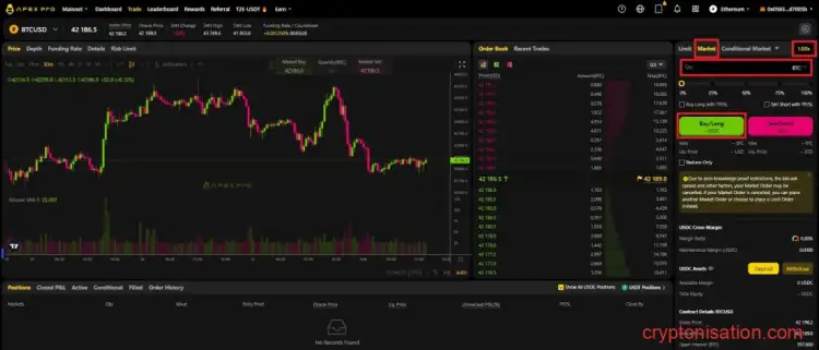 Pola do wypełnienia podczas składania zlecenia zakupu kontraktów terminowych BTC/USDC