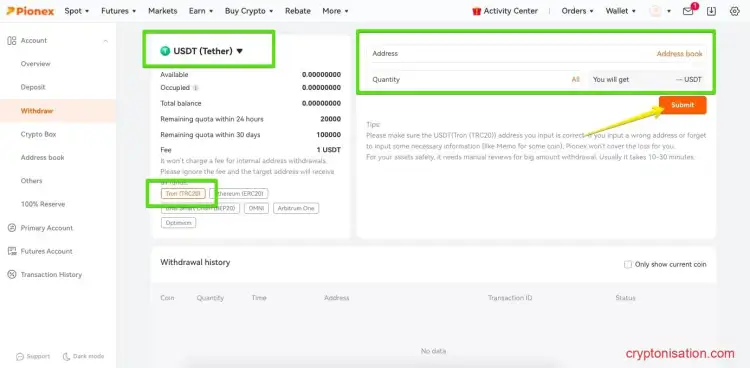 Заявка на вывод USDT