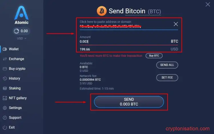 Formularz wprowadzania danych do wysyłania kryptowaluty