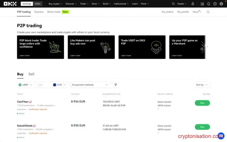 Окно P2P OKX