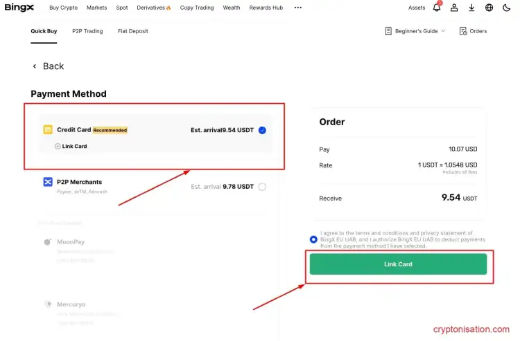 Выбор метода платежа при пополнении счета на BingX