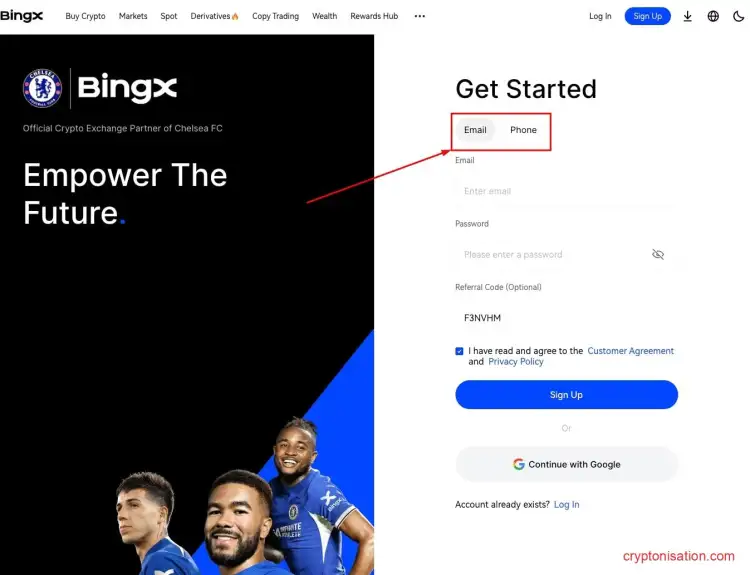 Выбор способа регистрации на BingX