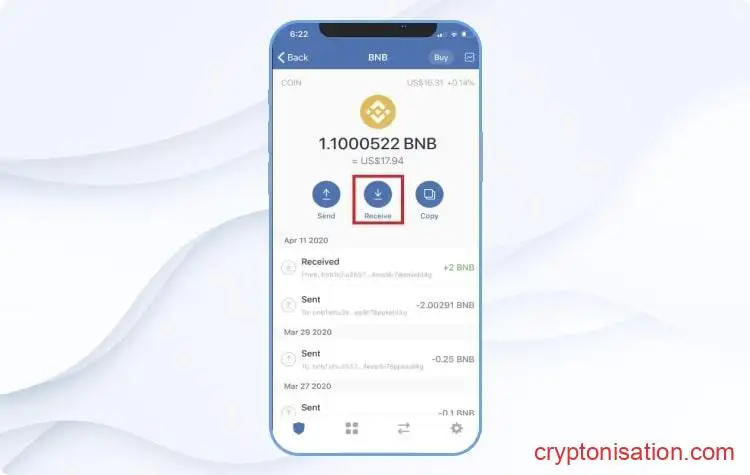 Кнопка Receive в приложении Trust Wallet