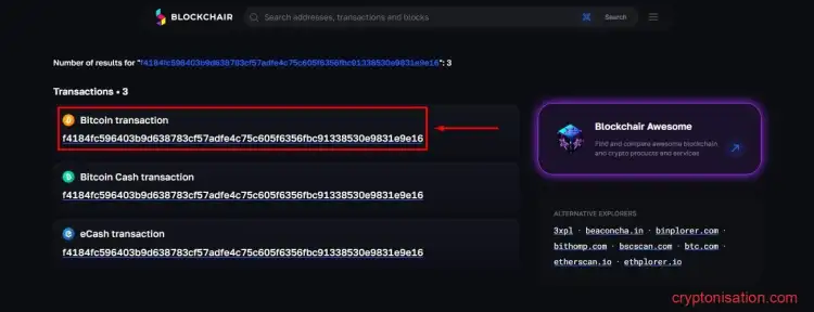 Lista zapisów hash, w których należy wybrać sieć Bitcoin (BTC)