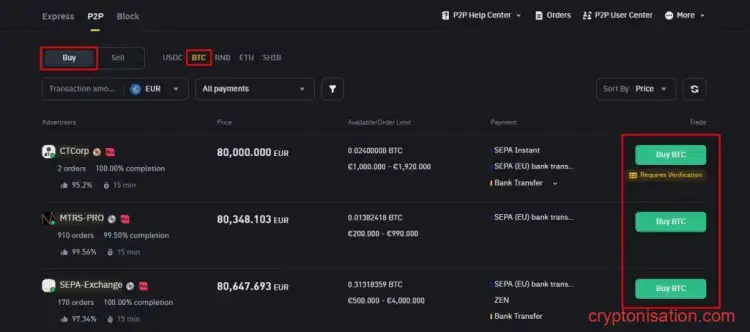 Список заявок на продажу крипты