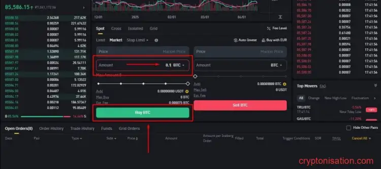Создание ордера на покупку BTC за USDT