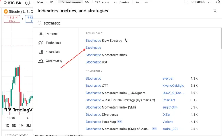 Выбор индикатора стохастик в TradingView