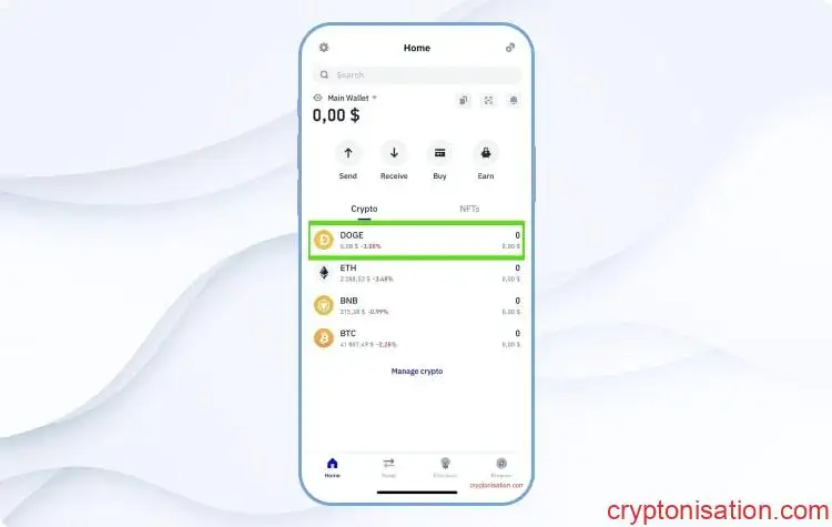 DOGE en la lista de monedas