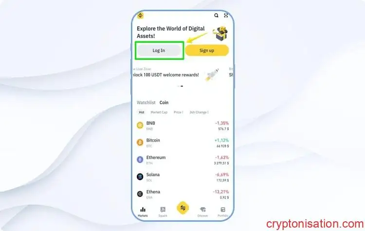 Página de inicio de la aplicación Binance