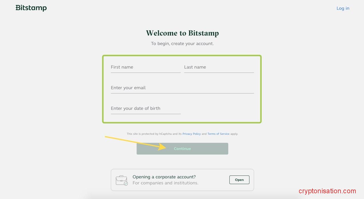 Formularz rejestracji na Bitstamp