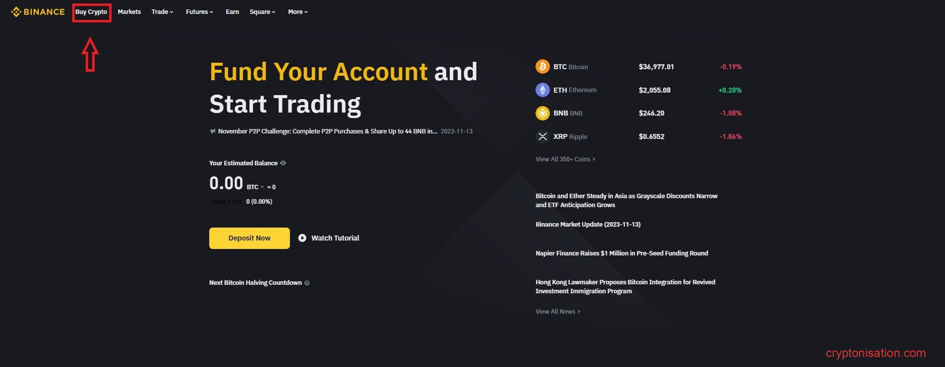 Buy Crypto pe pagina principală Binance