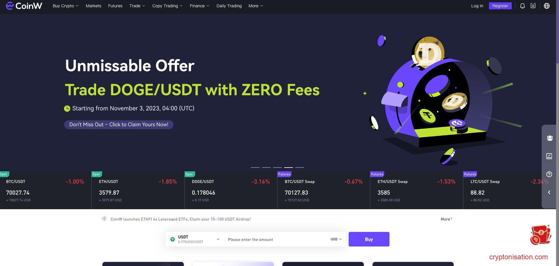 Site-ul oficial al bursei criptografice CoinW