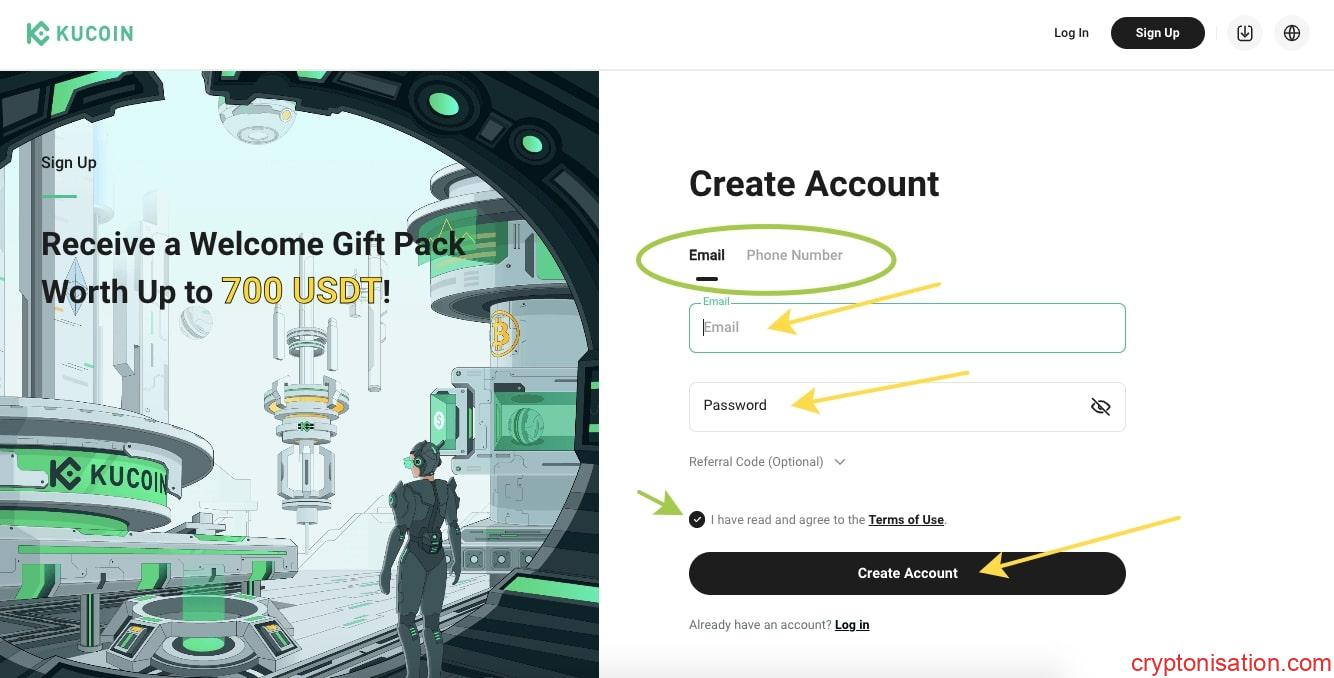 Kucoin'deki kayıt formu