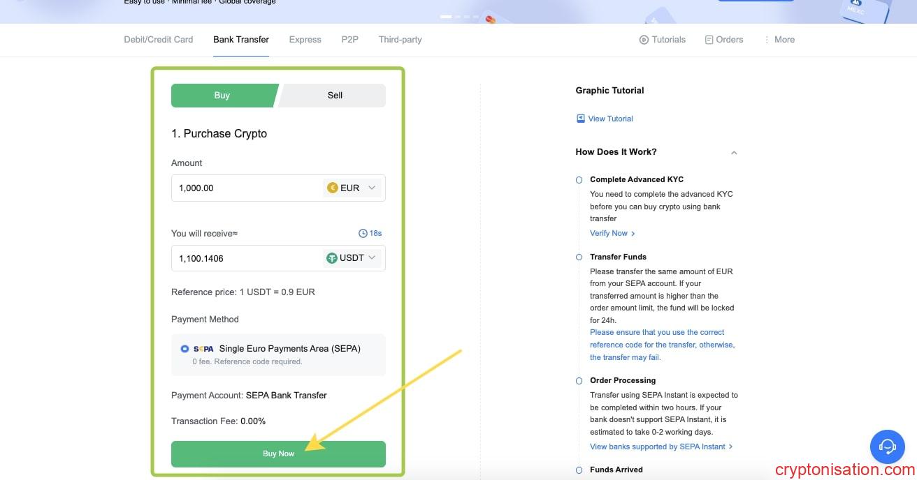 Euro karşılığında banka transferi ile USDT satın alma