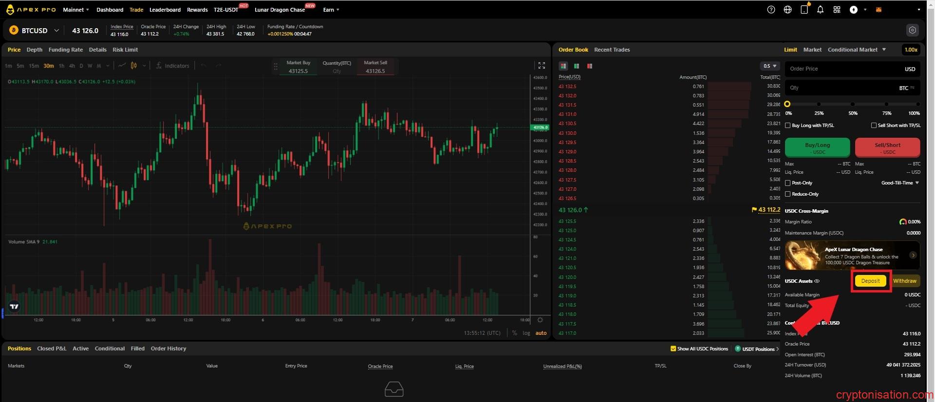 ApeX Pro terminalindeki Deposit düğmesi