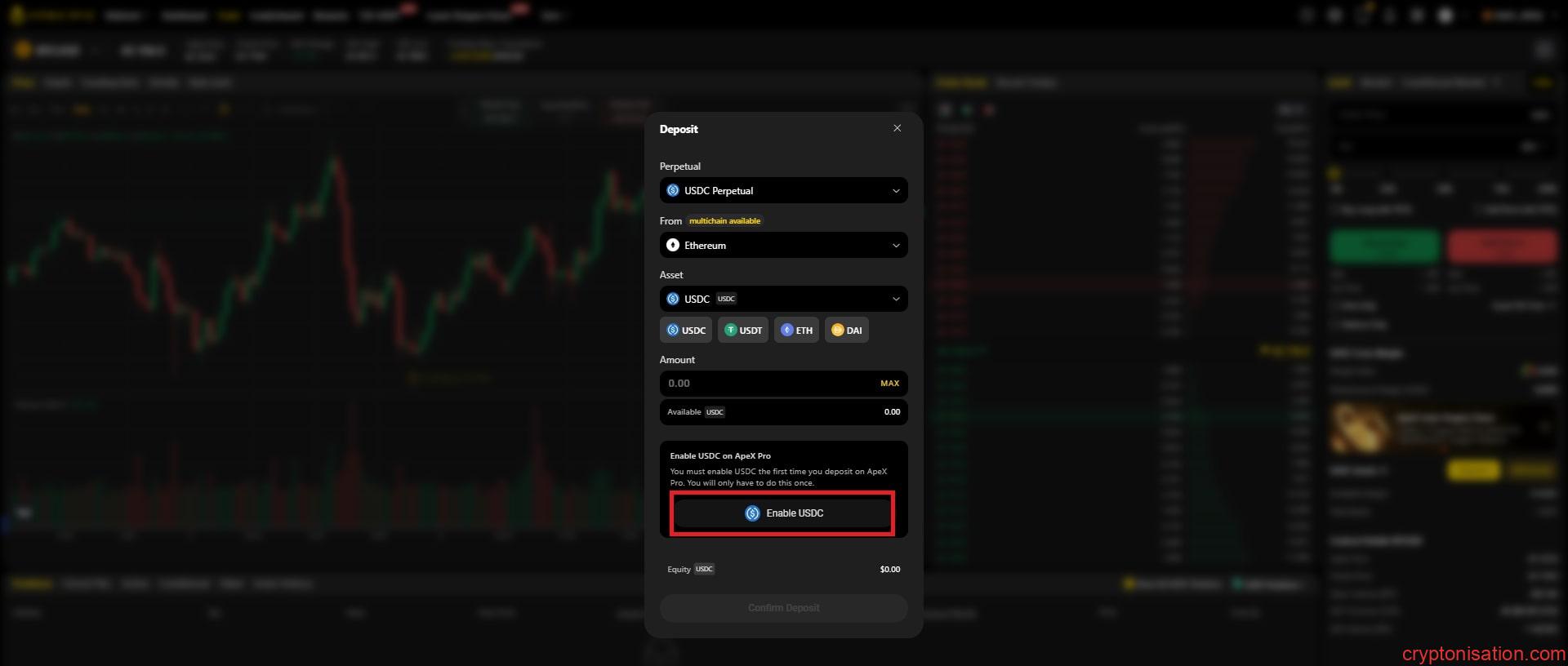 Enable USDC düğmesi
