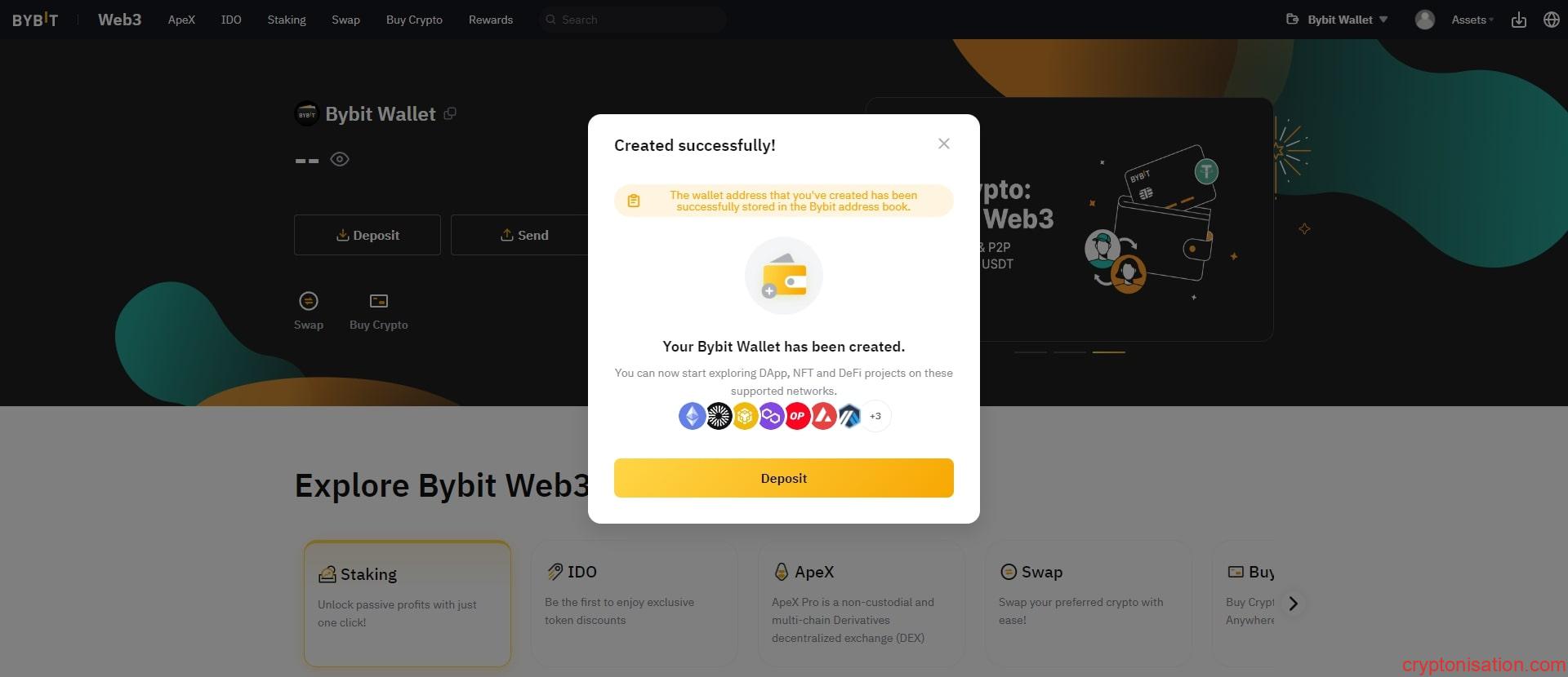 Bybit Wallet oluşturulduktan sonra hoşgeldiniz penceresi