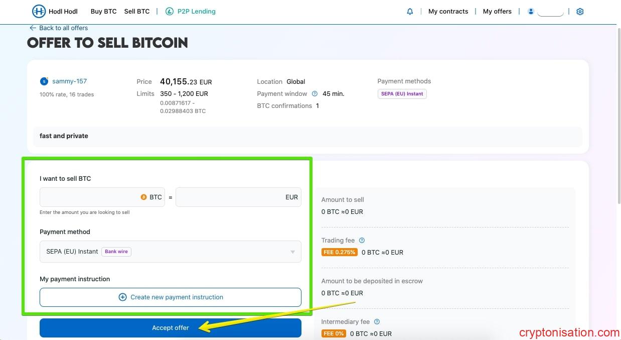 Bitcoin satışı için kontrat oluşturma