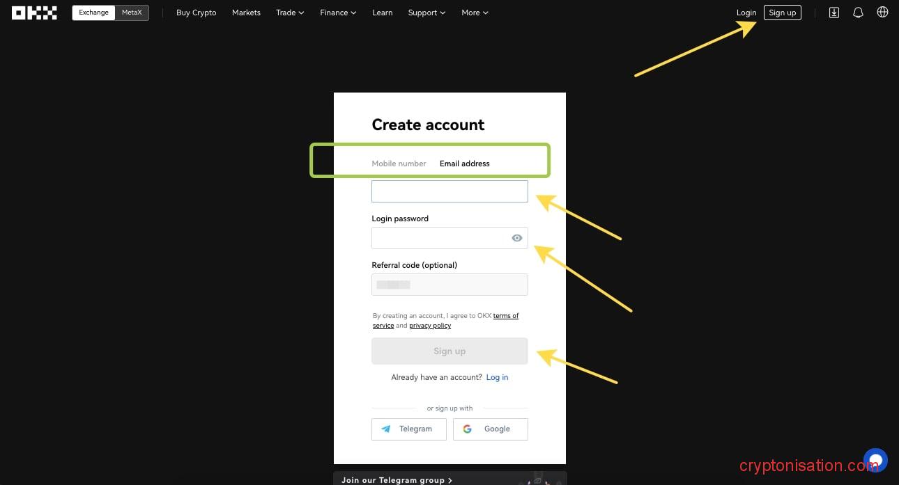 Создать счет на OKX с помощью электронной почты