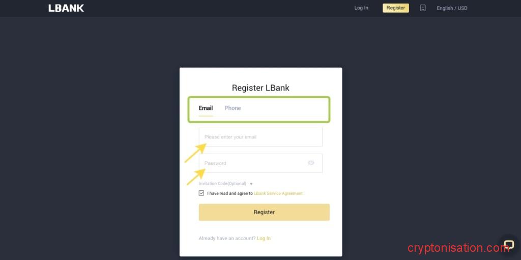 Форма регистрации на бирже LBank