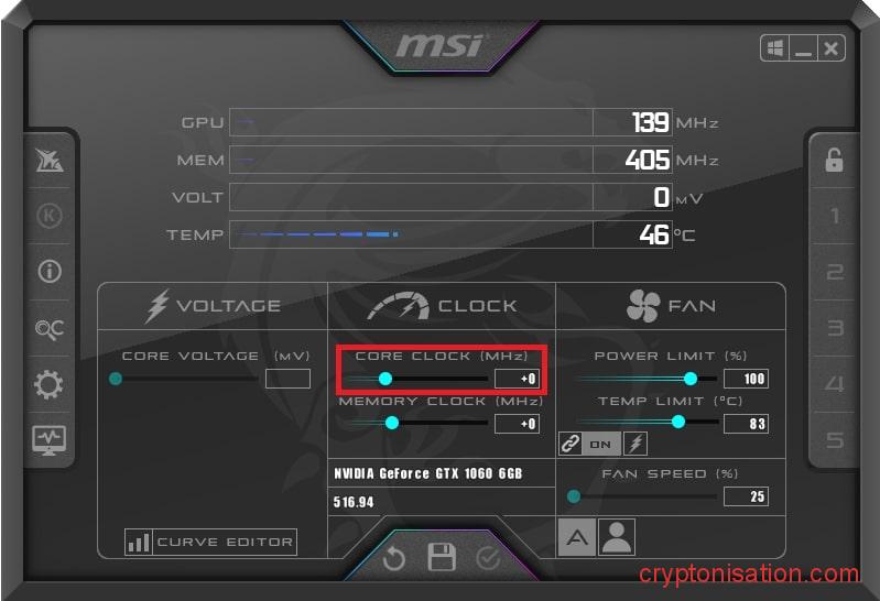 Частота процессора видеокарты в MSI Afterburner