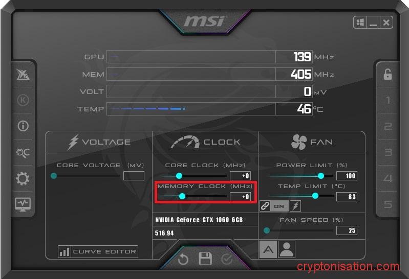 Частота памяти видеокарты в MSI Afterburner