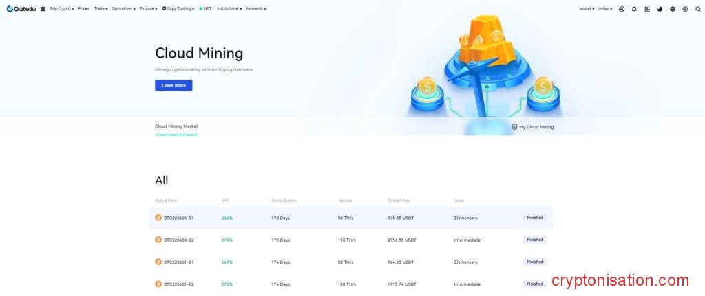 Página de Сloud Mining en Gate.io