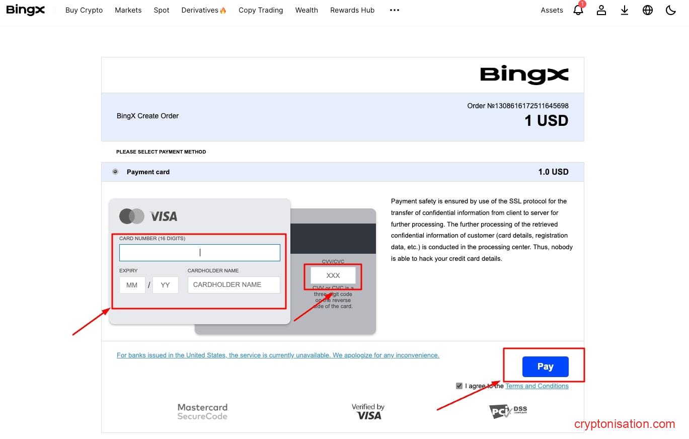 Ввод данных карты при пополнении счета на BingX