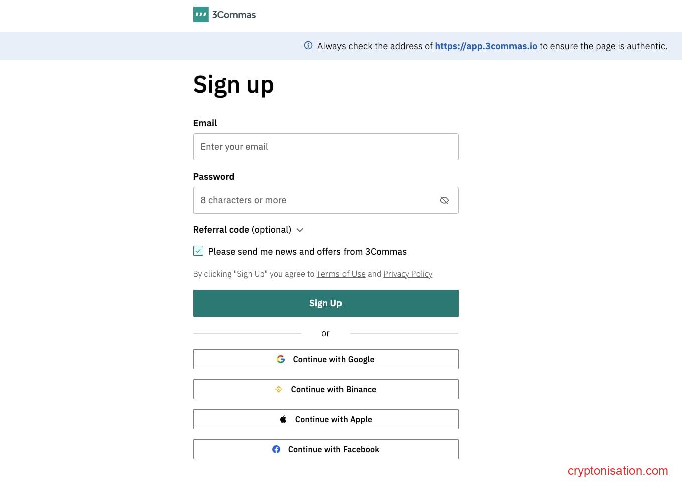 Регистрация на 3commas.io