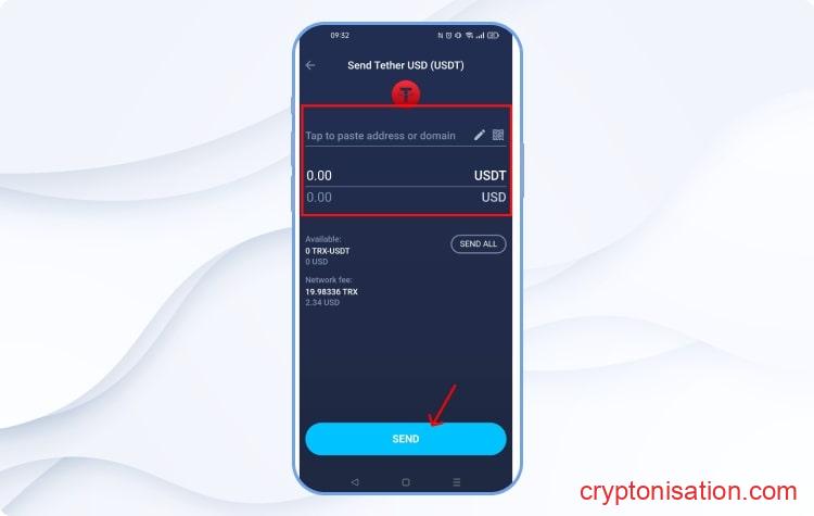 Экран отправления USDT Tron