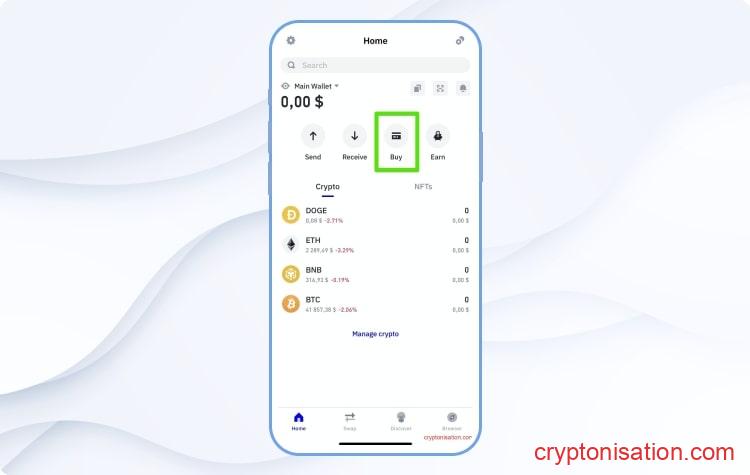 Achiziționarea de criptomonede în interiorul portofelului
