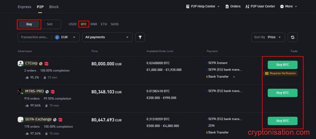 Список заявок на продажу крипты