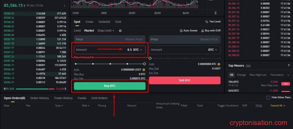 Создание ордера на покупку BTC за USDT